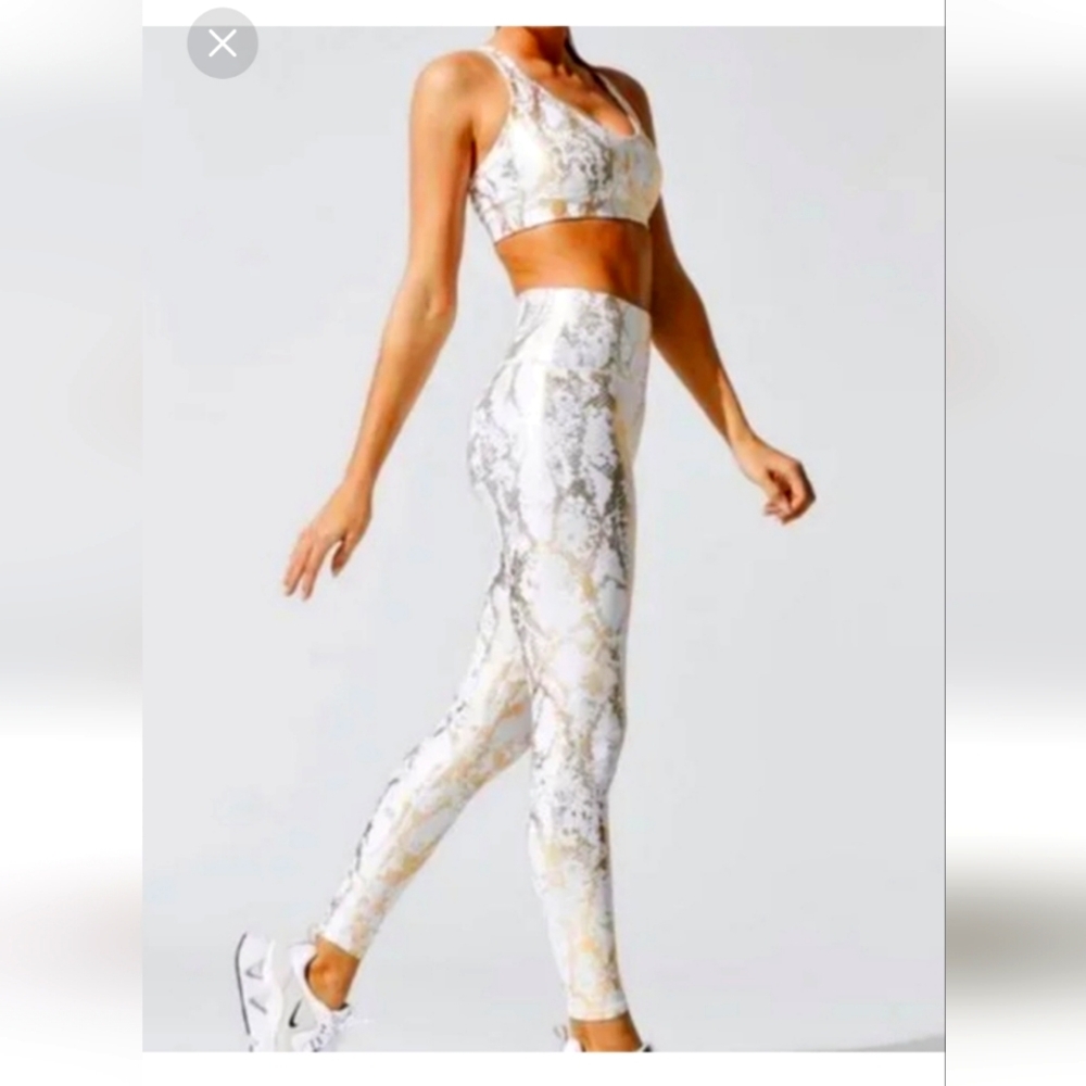 White and Gold Metallic,Snake Print Activewear LEGGINGS SPORT BRA Set SMALL